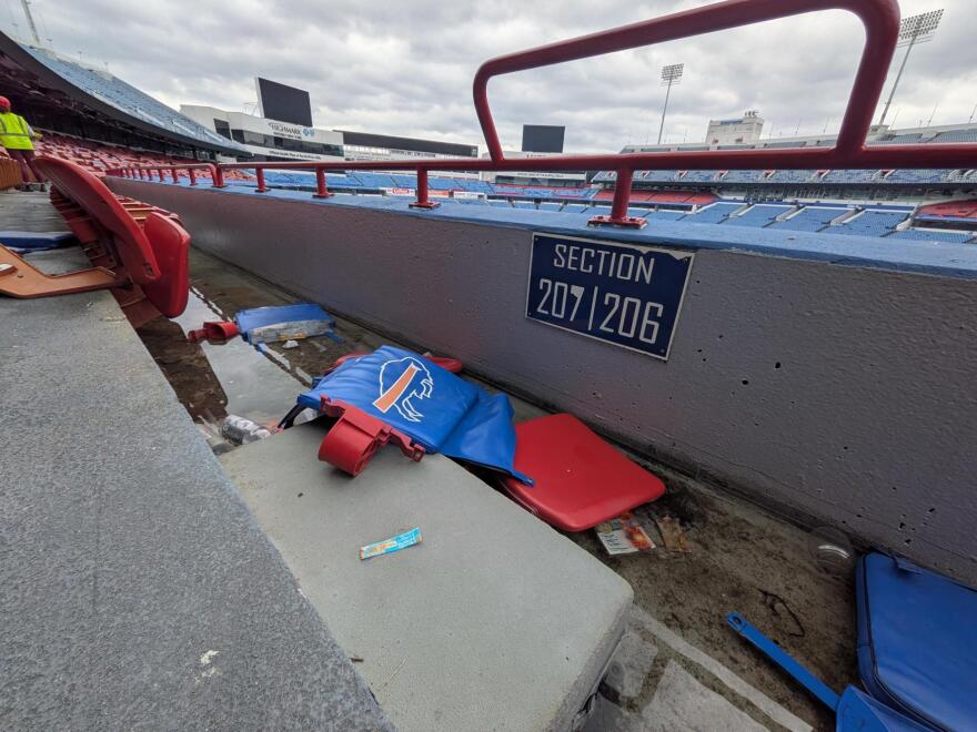 Seats and debris are in various stages of removal at the old Highmark Stadium on March 31, 2026.