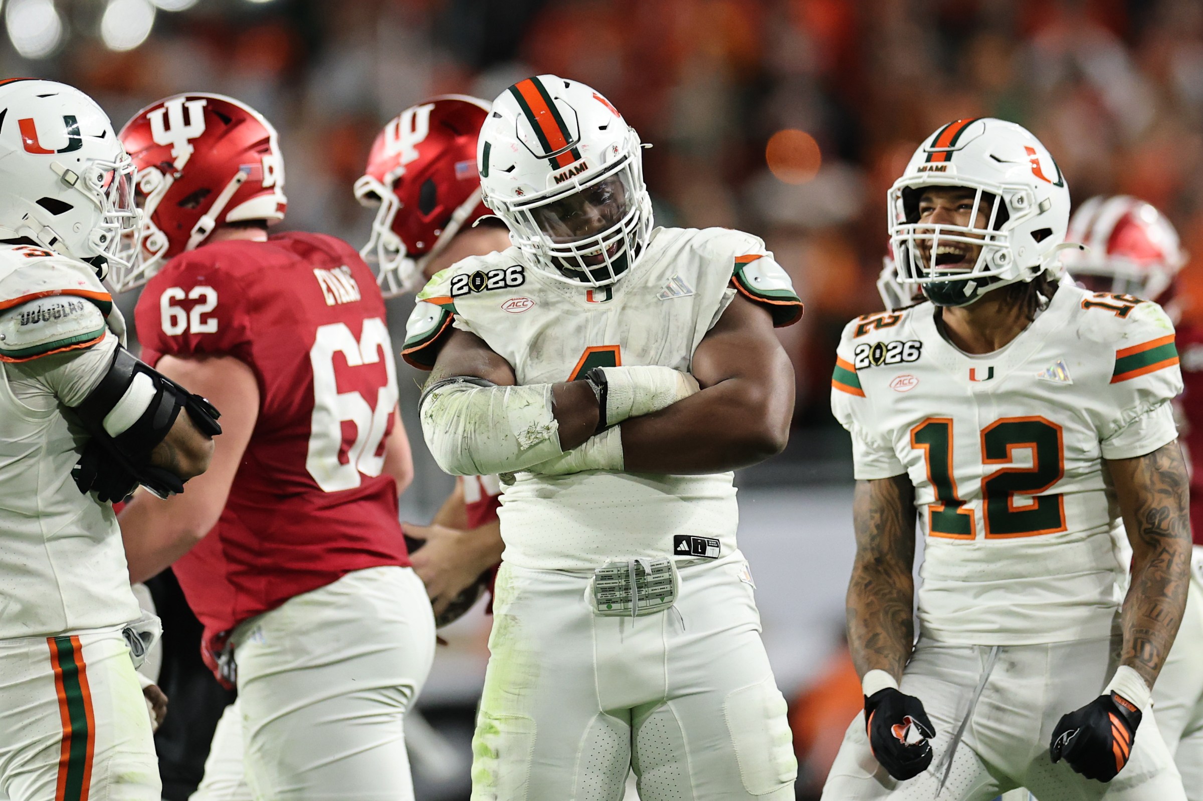 MIAMI GARDENS, FLORIDA - JANUARY 19: Rueben Bain Jr. #4 of the Miami Hurricanes reacts after a third quarter sack against the Indiana Hoosiers in the 2026 College Football Playoff National Championship at Hard Rock Stadium on January 19, 2026 in Miami Gardens, Florida. (Photo by Carmen Mandato/Getty Images)