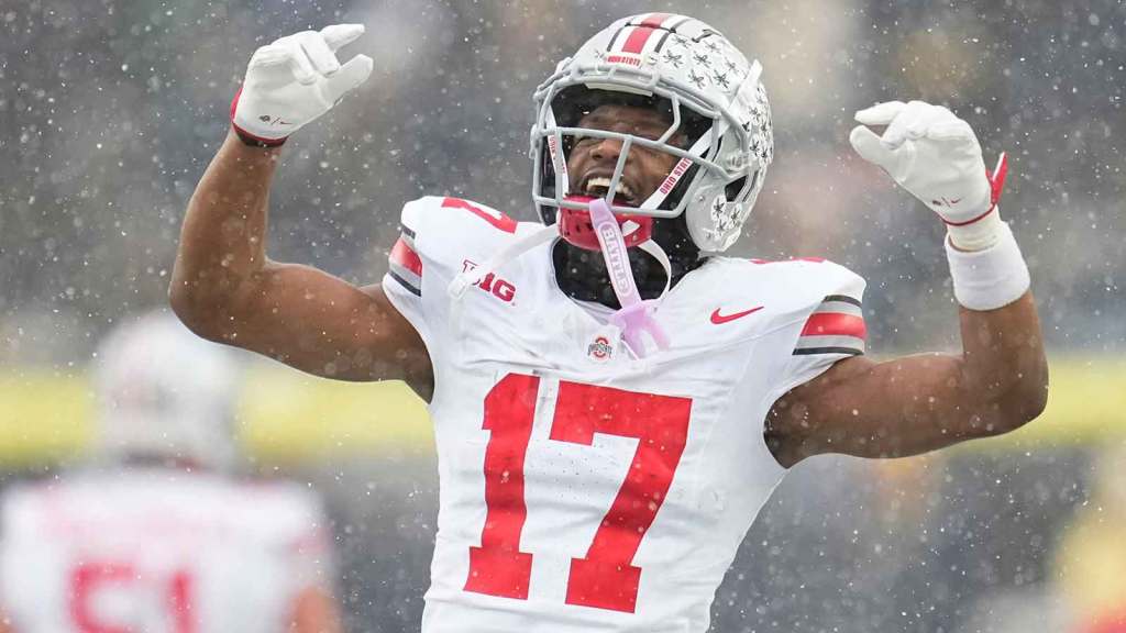 Ohio State Buckeyes wide receiver Carnell Tate (17) celebrates during the NCAA football game against the Michigan Wolverines at Michigan Stadium in Ann Arbor, Mich. on Nov. 29, 2025. Ohio State won 27-9.