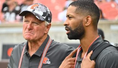 Cleveland Browns co-owner Jimmy Haslam talks with General Manager Andrew Berry