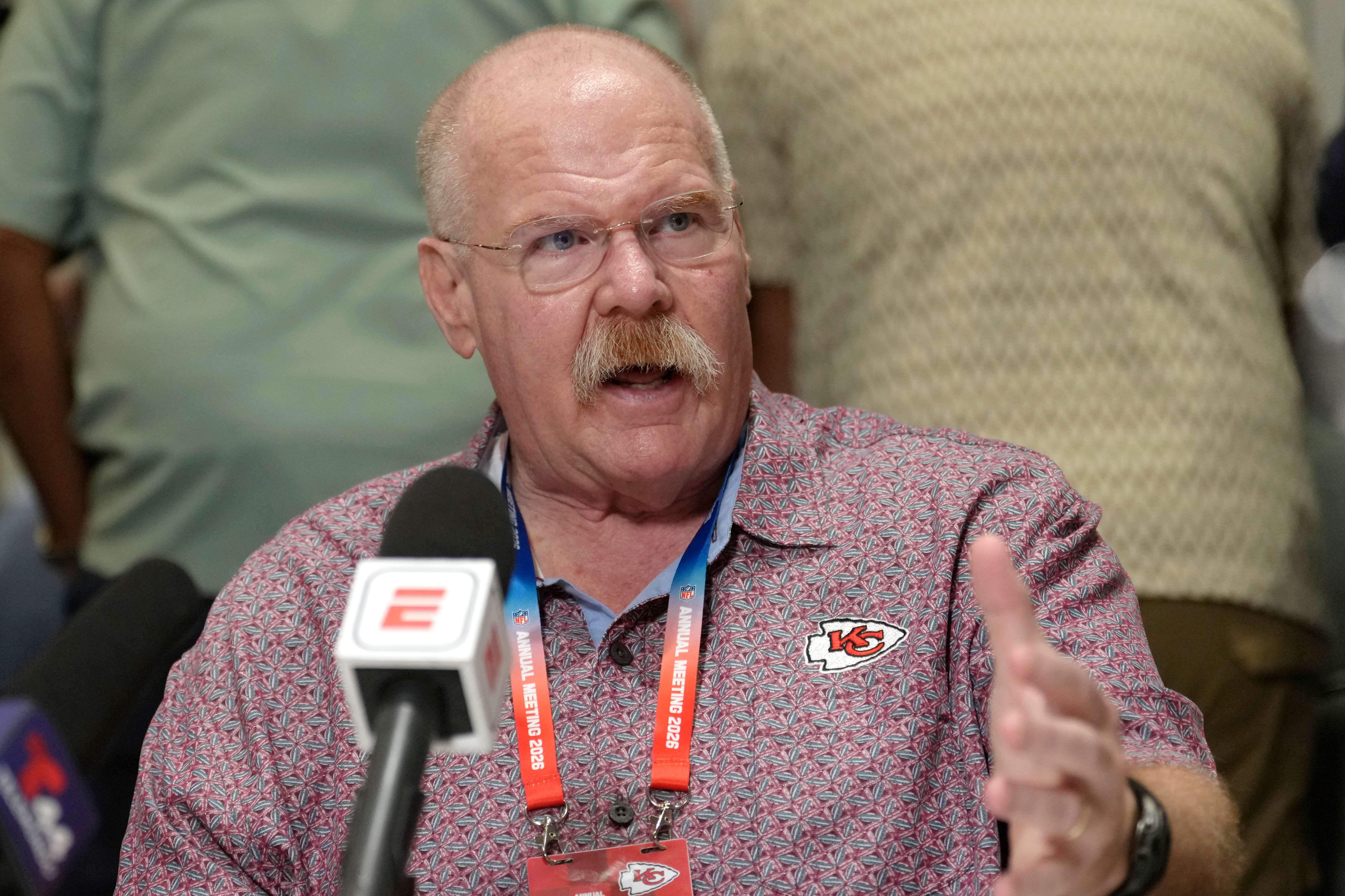 Kansas City Chiefs head coach Andy Reid speaks to reporters at the NFL football annual meetings, Tuesday, March 31, 2026, in Phoenix. (AP Photo/Ross D. Franklin)