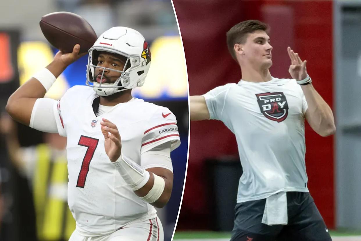 An image collage containing 2 images, Image 1 shows Arizona Cardinals player in white jersey and helmet preparing to throw a football, Image 2 shows Quarterback Ty Simpson throws a football during Alabama's NFL pro day