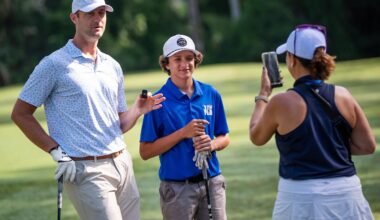 Jaguar punter Logan Cooke, left, is interviewed with Liam Smith, 14, center, while playing in the 30th annual Tom Coughlin Jay Fund Celebrity Golf Tournament Monday May 19, 2025 at TPC Sawgrass in Ponte Vedra, Fla. [Doug Engle/Florida Times-Union]
