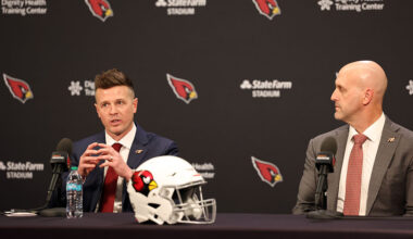 TEMPE, ARIZONA - FEBRUARY 03: New Arizona Cardinals head coach Mike LaFleur (L) speaks as general manager Monti Ossenfort looks o during a press conference at Dignity Health Arizona Cardinals Training Center on February 03, 2026 in Tempe, Arizona. (Photo by Chris Coduto/Getty Images)