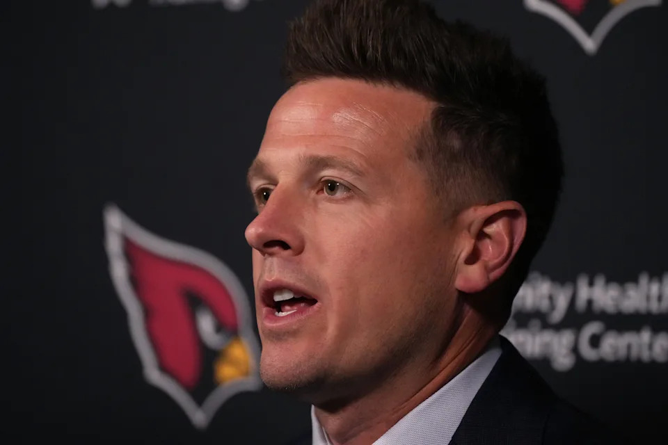 Arizona Cardinals head coach Mike LaFleur speaks during a press conference at the Arizona Cardinals facility in Tempe after the first round of the NFL Draft on April 23, 2026.