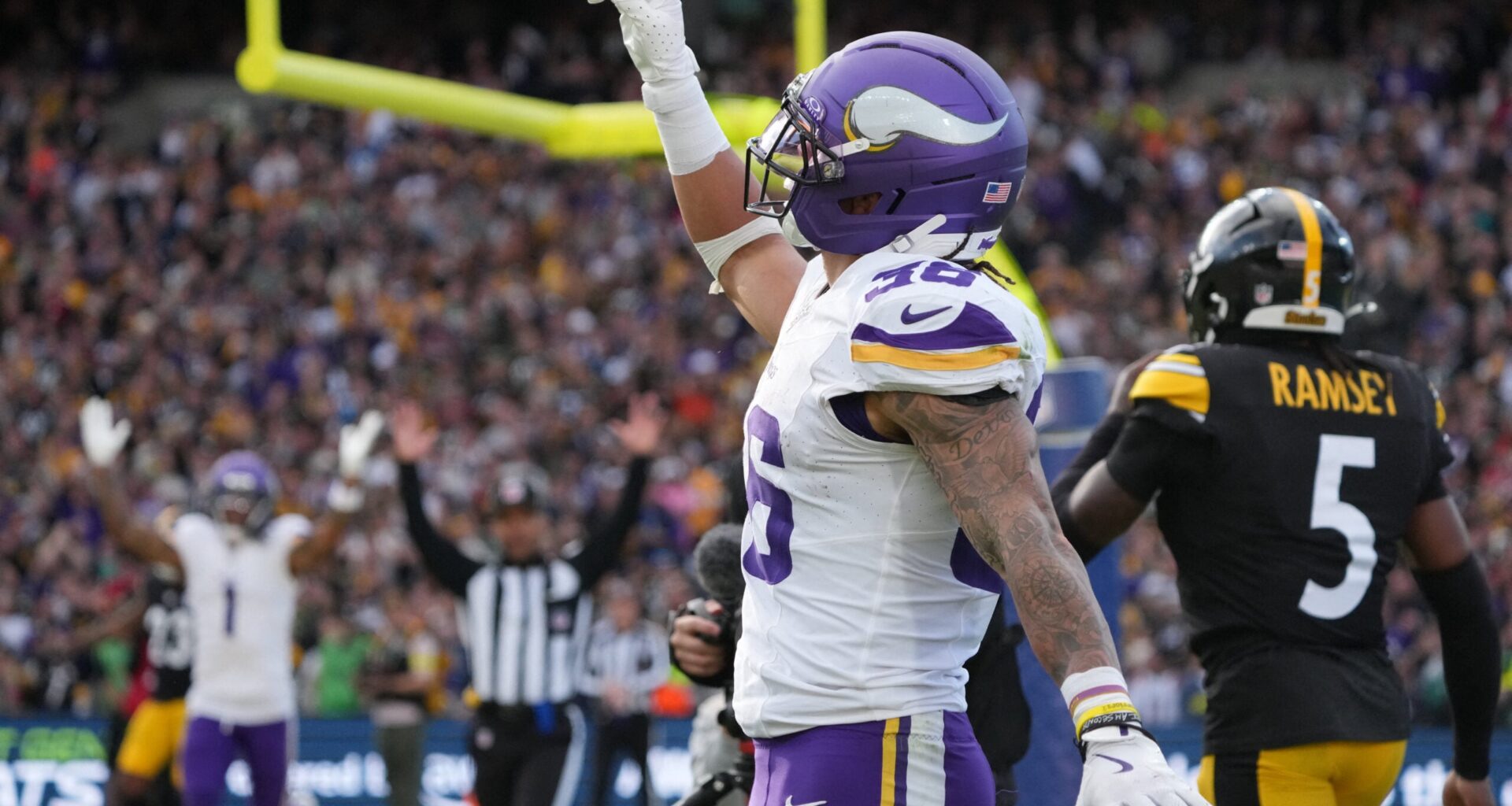 Sep 28, 2025; Dublin, Ireland; Minnesota Vikings running back Zavier Scott (36) reacts after catching a touchdown past during the fourth quarter against the Pittsburgh Steelers during an NFL International Series game at Croke Park.