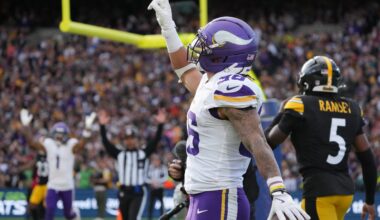 Sep 28, 2025; Dublin, Ireland; Minnesota Vikings running back Zavier Scott (36) reacts after catching a touchdown past during the fourth quarter against the Pittsburgh Steelers during an NFL International Series game at Croke Park.