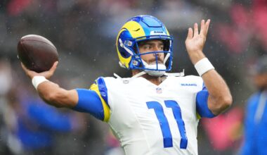 Oct 19, 2025; London, United Kingdom; Los Angeles Rams quarterback Jimmy Garoppolo (11) warms up before a NFL International Series game between the Los Angeles Rams and the Jacksonville Jaguars at Wembley Stadium.