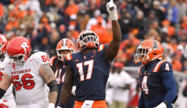Nov 1, 2025; Champaign, Illinois, USA; Illinois Fighting Illini linebacker Gabe Jacas (17) celebrates his sack on Rutgers Scarlet Knights quarterback Athan Kaliakmanis (16) during the first half at Memorial Stadium.