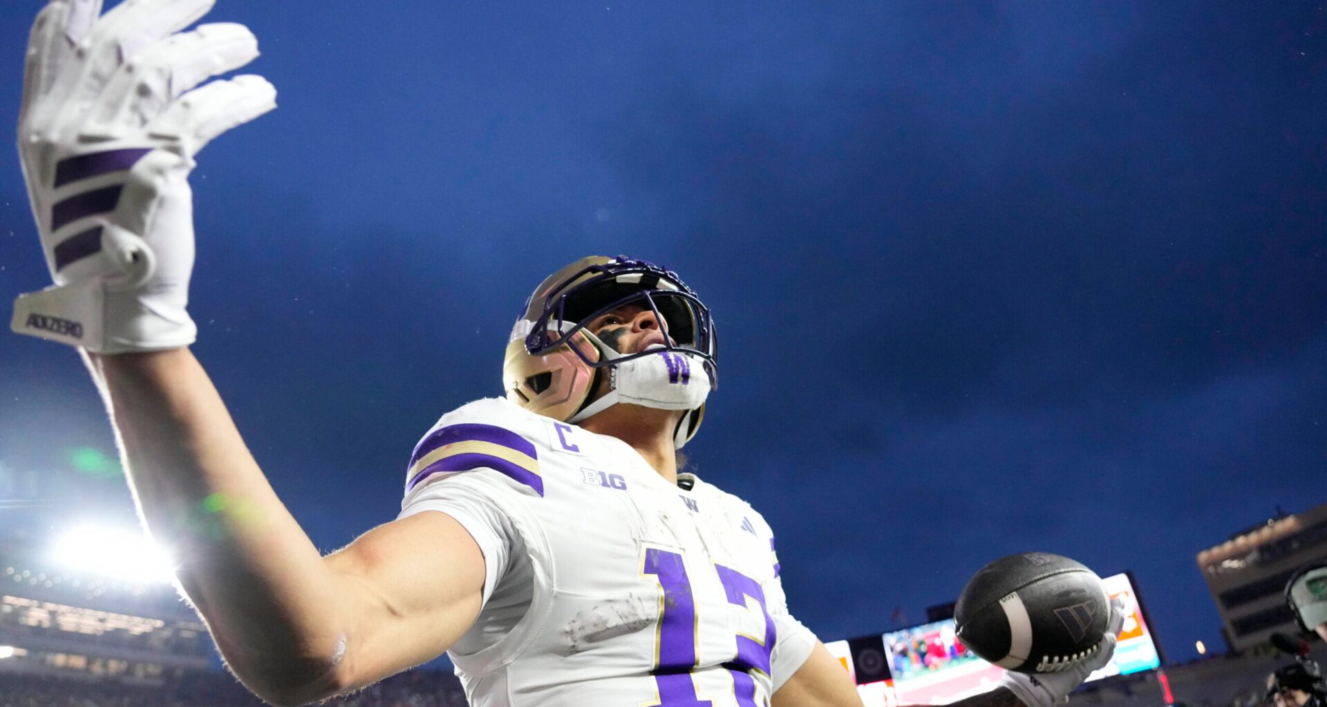 Nov 8, 2025; Madison, Wisconsin, USA; Washington Huskies wide receiver Denzel Boston (12) celebrates after scoring a touchdown during the second quarter against the Wisconsin Badgers at Camp Randall Stadium.