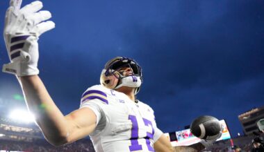 Nov 8, 2025; Madison, Wisconsin, USA; Washington Huskies wide receiver Denzel Boston (12) celebrates after scoring a touchdown during the second quarter against the Wisconsin Badgers at Camp Randall Stadium.