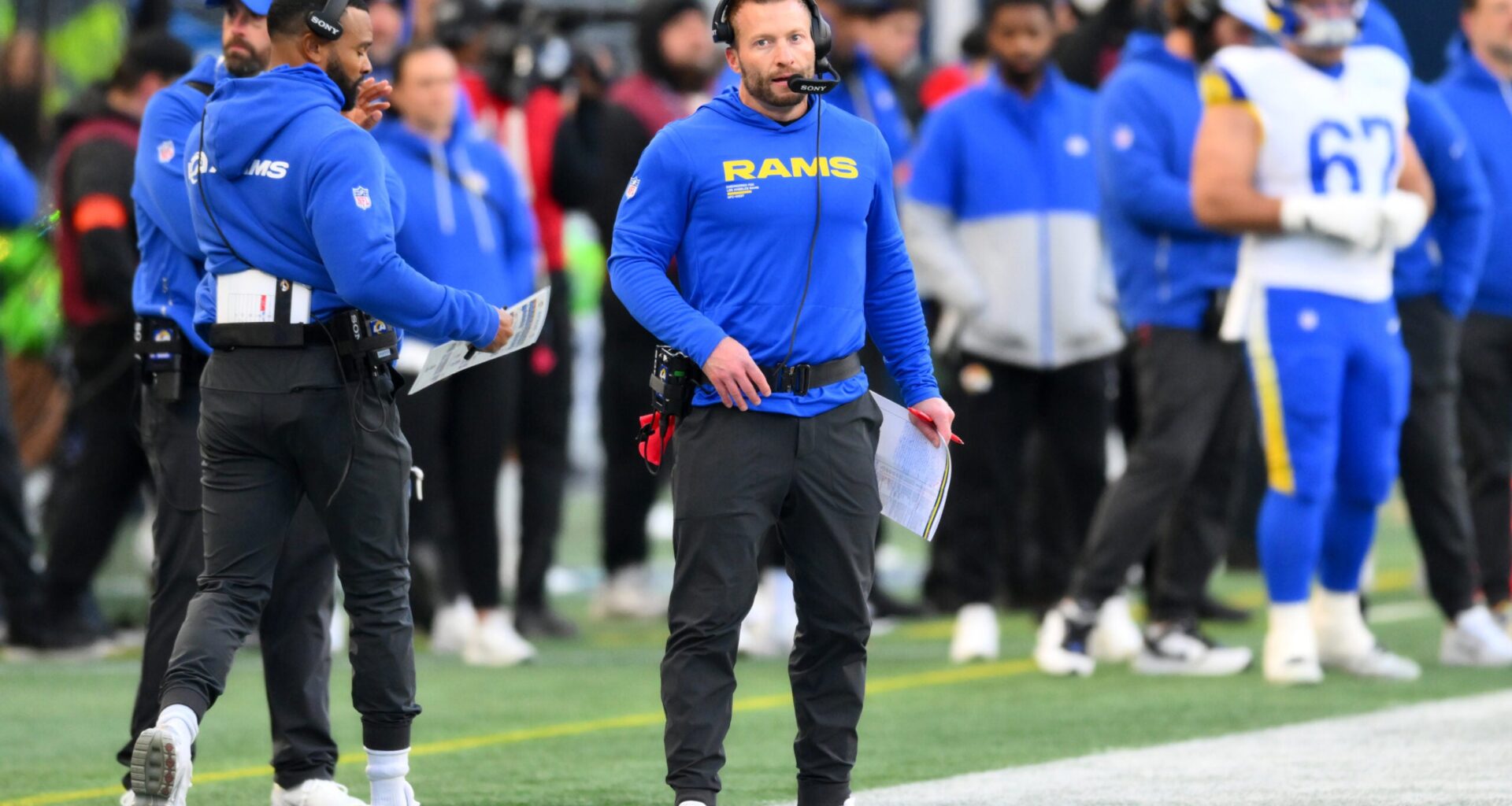 Jan 25, 2026; Seattle, WA, USA; Los Angeles Rams head coach Sean McVay looks on during the first half against the Seattle Seahawks in the 2026 NFC Championship Game at Lumen Field.