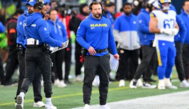 Jan 25, 2026; Seattle, WA, USA; Los Angeles Rams head coach Sean McVay looks on during the first half against the Seattle Seahawks in the 2026 NFC Championship Game at Lumen Field.