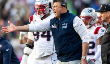Feb 8, 2026; Santa Clara, CA, USA; New England Patriots head coach Mike Vrabel reacts against the Seattle Seahawks during Super Bowl LX at Levi's Stadium.