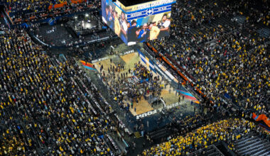 Michigan celebrates after defeating UConn in the national championship game at the Final Four on Monday, April 6, in Indianapolis.
