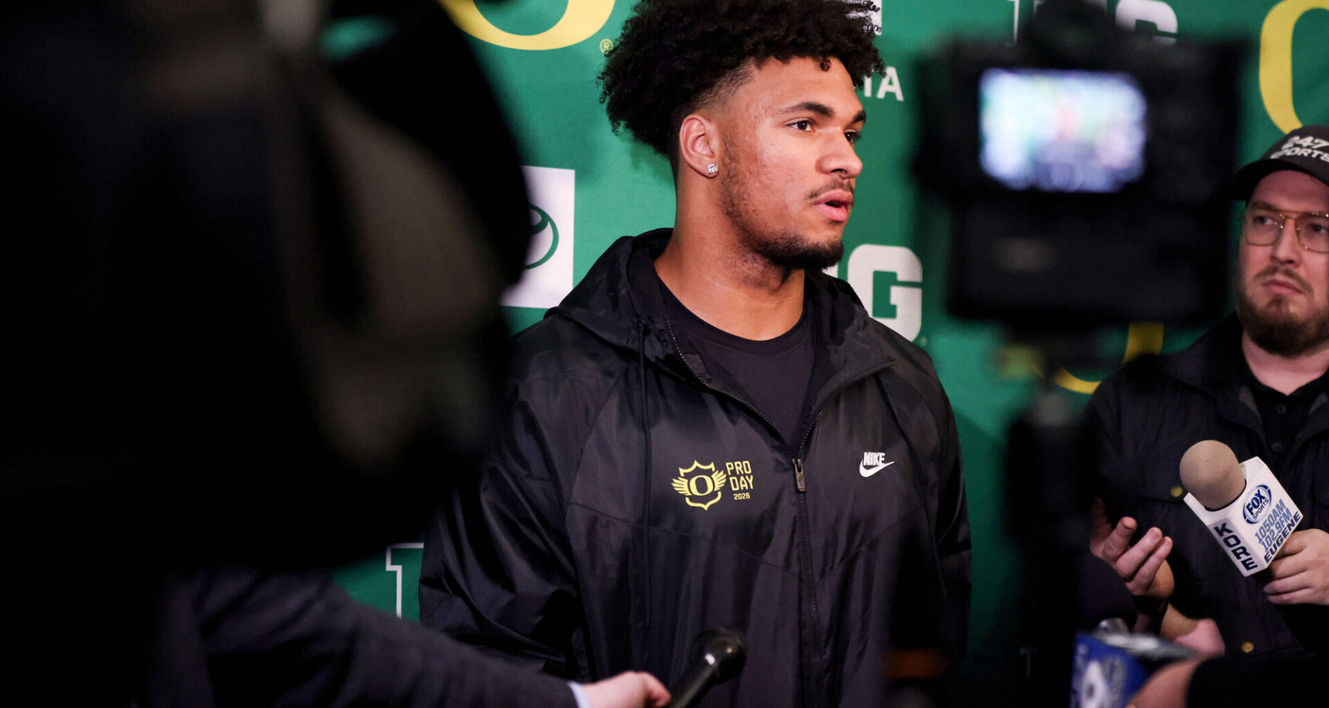Oregon tight end Kenyon Sadiq, seen at his pro day on Tuesday, March 17, in Eugene, Oregon, has been a popular mock draft selection for the Carolina Panthers in the first round.
