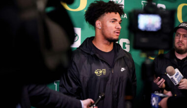 Oregon tight end Kenyon Sadiq, seen at his pro day on Tuesday, March 17, in Eugene, Oregon, has been a popular mock draft selection for the Carolina Panthers in the first round.
