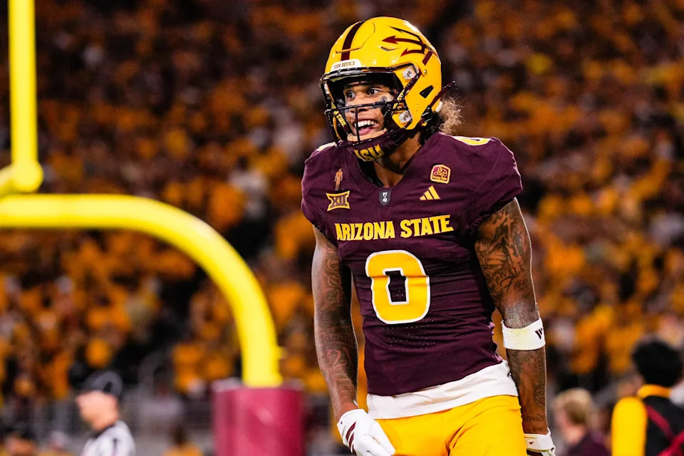 Aug 30, 2025; Tempe, Arizona, USA; Arizona State Sun Devils wide receiver Jordyn Tyson (0) celebrates his touchdown in the first quarter between Arizona State Sun Devils and Northern Arizona Lumberjacks at Mountain America Stadium.