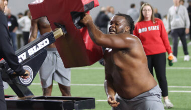 Ohio State defensive lineman Kayden McDonald participates in a drill during the school's N ...