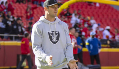 Raiders tight end Brock Bowers watches warmups during before an NFL game between the Kansas Cit ...