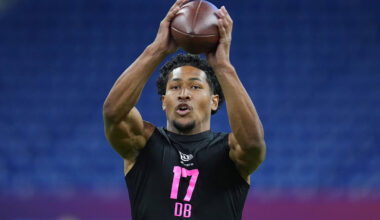 San Diego State defensive back Chris Johnson (17) runs a drill at the NFL football scouting com ...