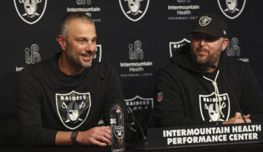 Raiders general manager John Spytek, left, speaks alongside Brian Stark, assistant general mana ...