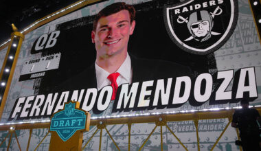 Indiana quarterback Fernando Mendoza is shown on a screen after being chosen by the Las Vegas R ...