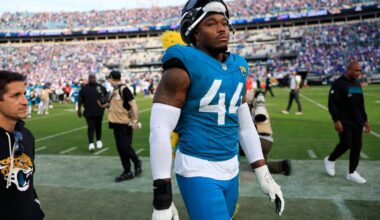 Jacksonville Jaguars defensive end Travon Walker (44) walks off the field after the game of an NFL football AFC Wild Card playoff matchup, Sunday, Jan. 11, 2026, in Jacksonville, Fla. The Bills defeated the Jaguars 27-24. [Corey Perrine/Florida Times-Union]