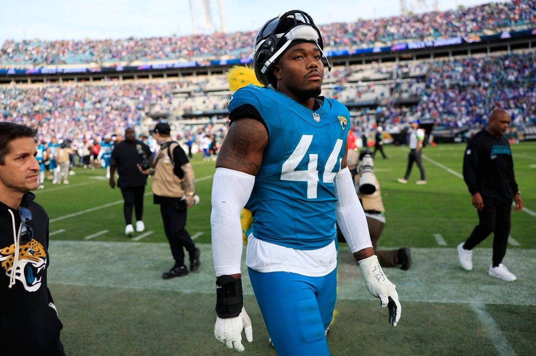 Jacksonville Jaguars defensive end Travon Walker (44) walks off the field after the game of an NFL football AFC Wild Card playoff matchup, Sunday, Jan. 11, 2026, in Jacksonville, Fla. The Bills defeated the Jaguars 27-24. [Corey Perrine/Florida Times-Union]