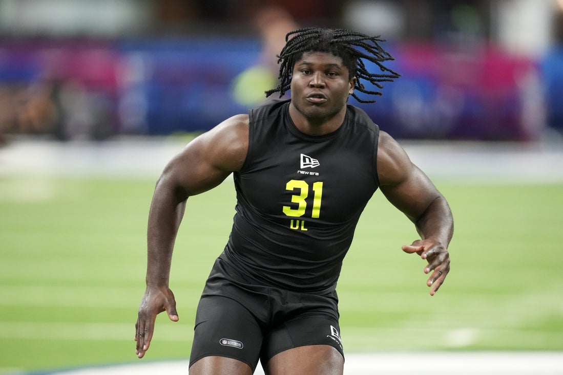 Feb 26, 2026; Indianapolis, IN, USA; Texas Tech defensive lineman David Bailey (DL31) during the NFL Scouting Combine  at Lucas Oil Stadium. Mandatory Credit: Kirby Lee-Imagn Images
