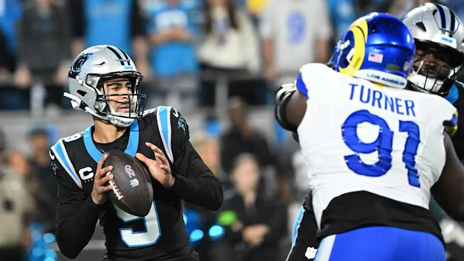 Carolina Panthers quarterback Bryce Young (9) drops back to pass against the Los Angeles Rams 