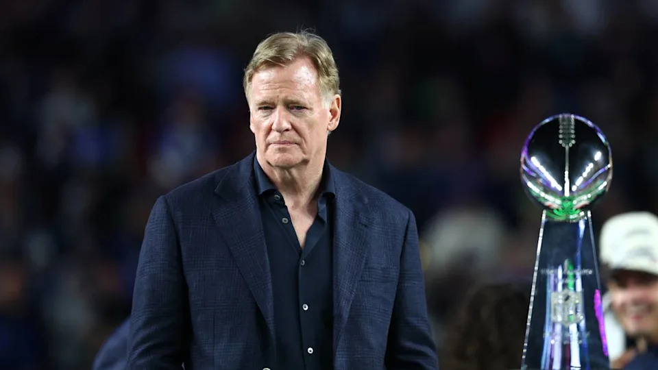 Feb 8, 2026; Santa Clara, CA, USA; NFL commissioner Roger Goodell looks on from the podium after the Seattle Seahawks defeated the New England Patriots in Super Bowl LX at Levi's Stadium. Mandatory Credit: Mark J. Rebilas-Imagn Images© Mark J&period; Rebilas-Imagn Images