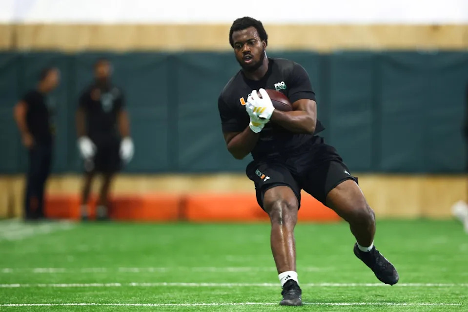 Rueben Bain Jr. of the Miami Hurricanes participates in the 2026 Miami Pro Day at Carol Soffer Indoor Practice Facility on March 23, 2026 in Coral Gables, Florida. Getty Images