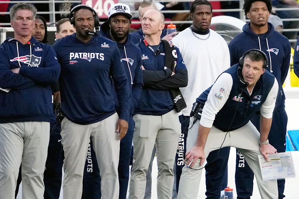 Mike Vrabel (far right) coaching the New England Patriots at the 2026 Super BowlCredit: Barry Chin/The Boston Globe via Getty