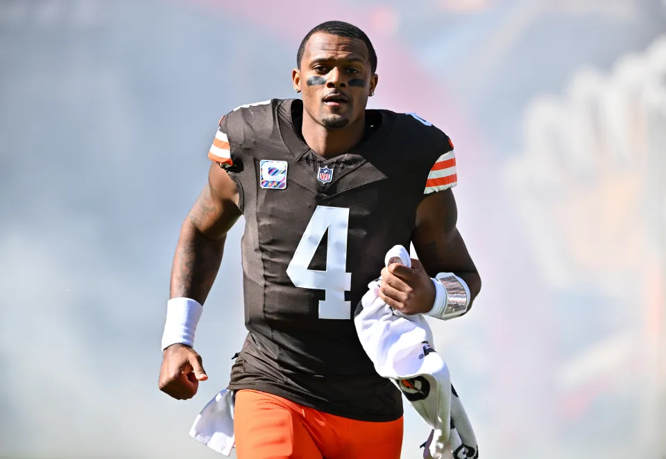 Deshaun Watson #4 of the Cleveland Browns is introduced before a game against the Cincinnati Bengals at Huntington Bank Field on October 20, 2024
