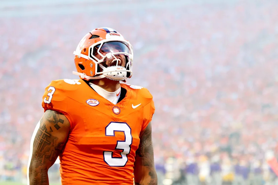 CLEMSON, SOUTH CAROLINA - AUGUST 30: Defensive end T.J. Parker #3 of the Clemson Tigers yells in excitement before the game against the LSU Tigers at Memorial Stadium on August 30, 2025 in Clemson, South Carolina. (Photo by Katie Januck/Getty Images)
