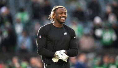 Philadelphia Eagles wide receiver A.J. Brown looks on during pre-game warm-ups before an NFL wild card playoff football game against the San Francisco 49ers, Sunday, Jan. 11, 2026, in Philadelphia.