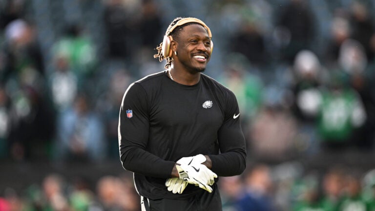 Philadelphia Eagles wide receiver A.J. Brown looks on during pre-game warm-ups before an NFL wild card playoff football game against the San Francisco 49ers, Sunday, Jan. 11, 2026, in Philadelphia.