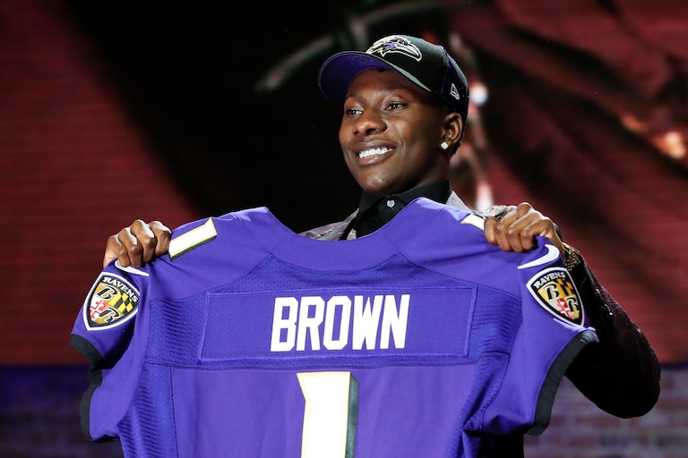 Marquise Brown of Oklahoma reacts after being chosen #25 overall by the Baltimore Ravens during the first round of the 2019 NFL Draft on April 25, 2019 in Nashville, Tennessee.