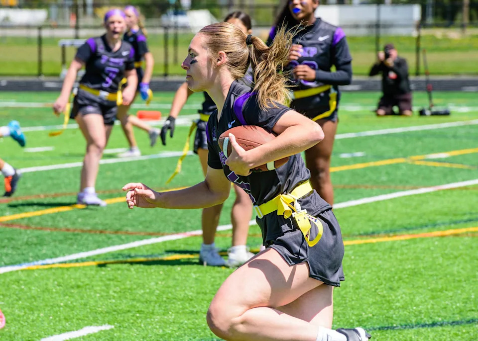 P-CEP's Evelyn Stiglish rushes during a Michigan Girls High School Flag Football League football game on Sunday, April 26, 2026.