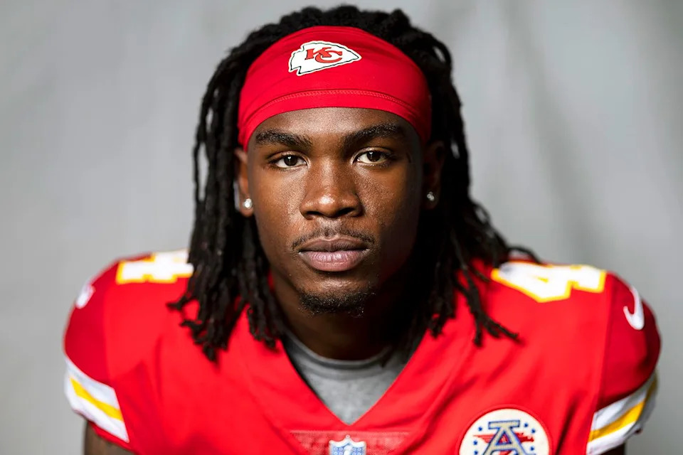 Rashee Rice #4 of the Kansas City Chiefs poses for a portrait during the NFLPA Rookie PremiereCredit: Michael Owens/Getty