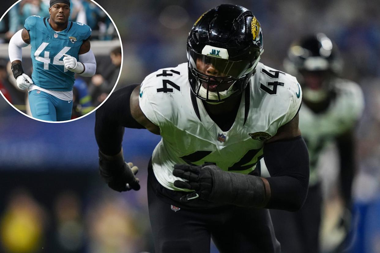 An image collage containing 2 images, Image 1 shows Travon Walker rushes the passer during an NFL football game against the Indianapolis Colts at Lucas Oil Stadium on December 28, 2025 in Indianapolis, Indiana, Image 2 shows Travon Walker runs out on the field before the AFC Wildcard Playoff game between the Jacksonville Jaguars and the Buffalo Bills on January 11, 2026 at EverBank Stadium in Jacksonville, Fl