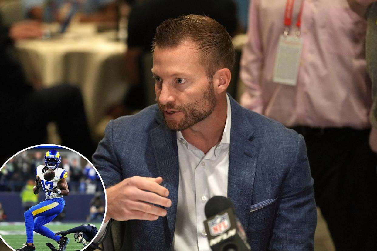 An image collage containing 2 images, Image 1 shows Los Angeles Rams head coach Sean McVay answering a reporter's question, Image 2 shows Los Angeles Rams wide receiver Davante Adams makes a catch over a fallen Seattle Seahawks player