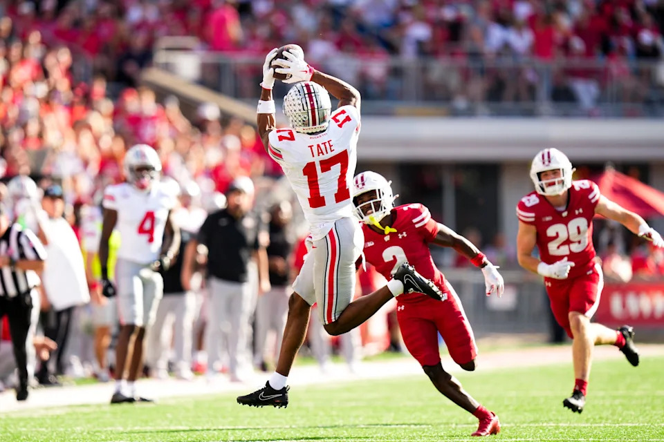 Ohio State Buckeyes wide receiver Carnell Tate (17) catches a pass in the first half at Camp Randall Stadium on Saturday, Oct. 18, 2025 in Madison, Wisconsin.
