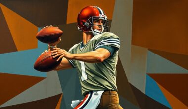 A cubist-style painting depicting a football quarterback in the process of dropping back to pass, with the player