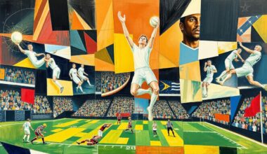 A cubist, geometric painting depicting a football game or match, with the players and field broken down into sharp, overlapping planes of color and shape, conveying the complex dynamics of the Saints