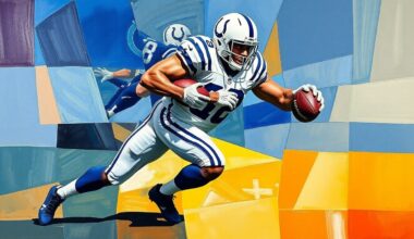 A fragmented, cubist-style painting depicting a Colts defensive player making a tackle, with sharp, overlapping geometric shapes and planes representing the dynamic action of the play.