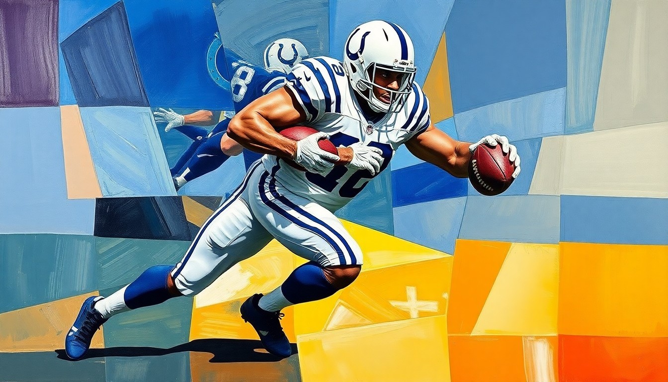 A fragmented, cubist-style painting depicting a Colts defensive player making a tackle, with sharp, overlapping geometric shapes and planes representing the dynamic action of the play.