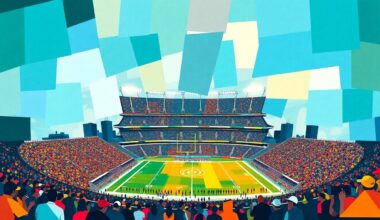 A fractured, cubist-style painting depicting a football stadium scene, with sharp geometric shapes and planes in the Jaguars