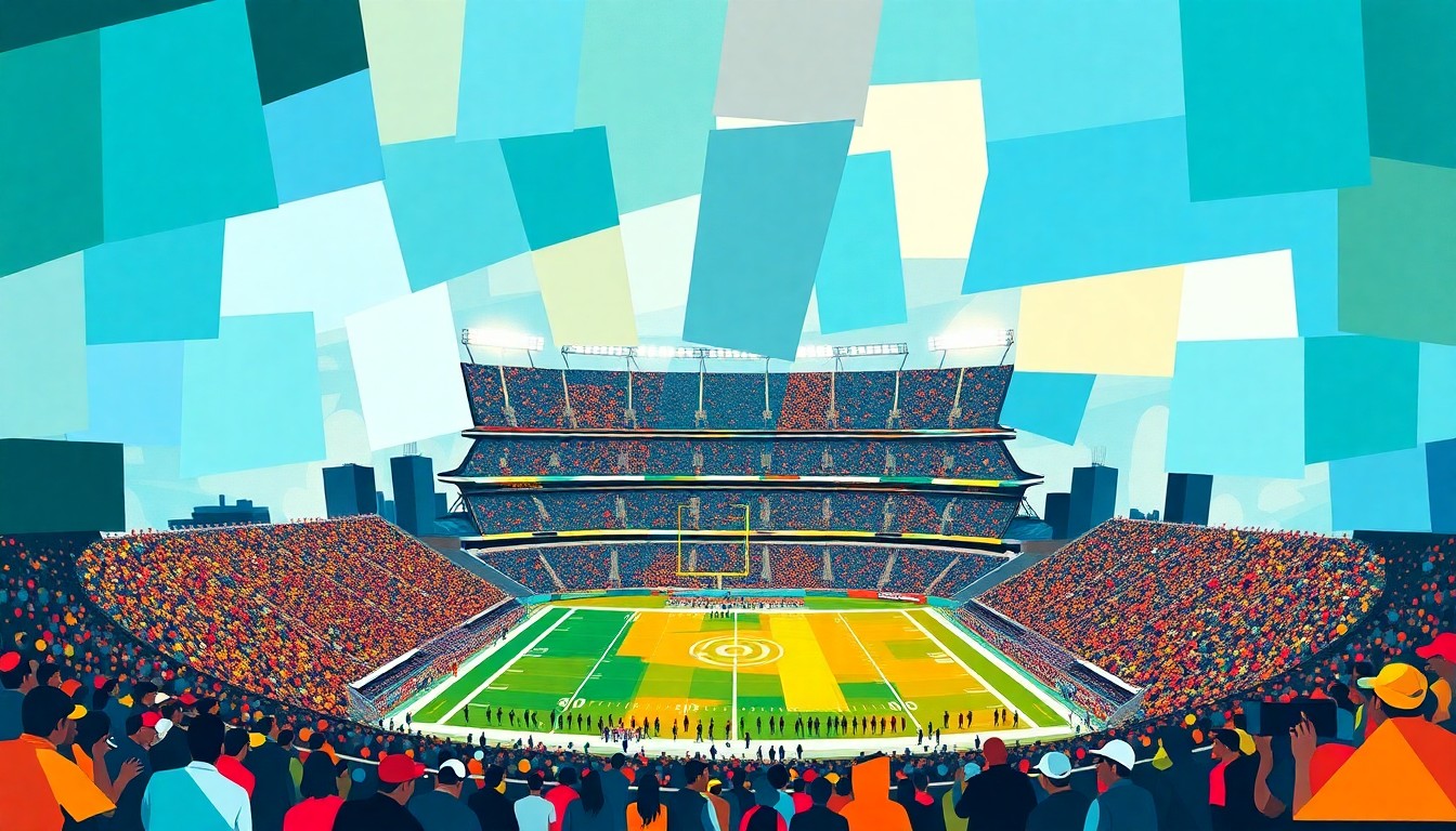 A fractured, cubist-style painting depicting a football stadium scene, with sharp geometric shapes and planes in the Jaguars